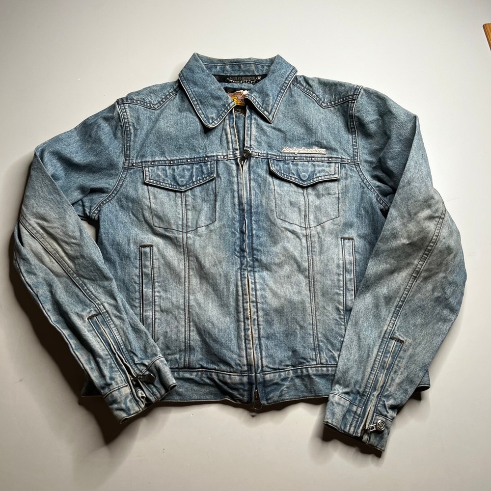 Harley-Davidson Womens Denim Jacket Blue Embossed Leather Eagle Back Medium